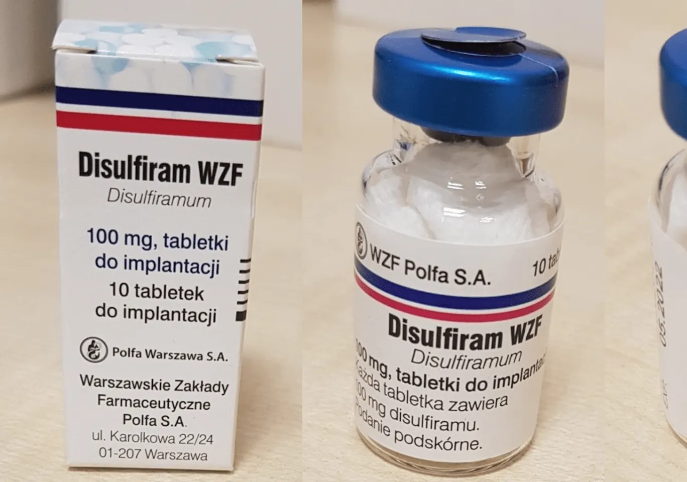 Wszywka alkoholowa Esperal / Disulfiram Ostrołęka: fiolka disulfiramu obok opakowania leku
